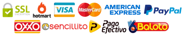 Formas de pago: Visa, Mastercard, American Express, PayPal, OXXO, Sencillito, PagoEfectivo y Baloto